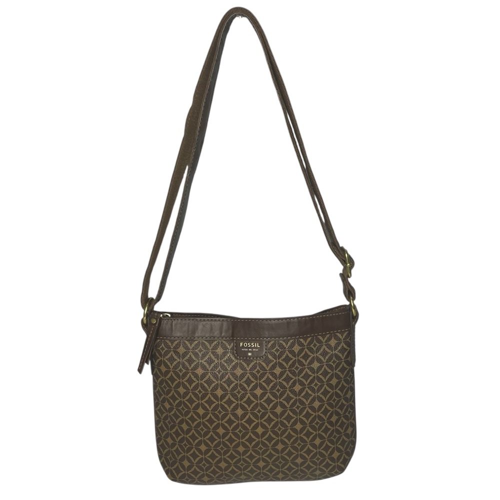 Fossil Patterned Brown Crossbody Bag Faux Leather Shoulder Bag Handbag Purse